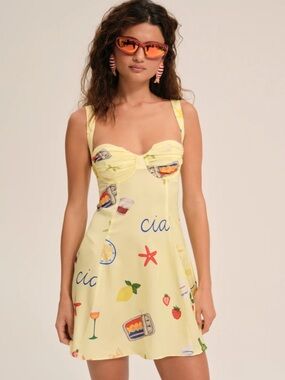 For Love & Lemons Ciao Yellow Printed Sweetheart Mini Dress
